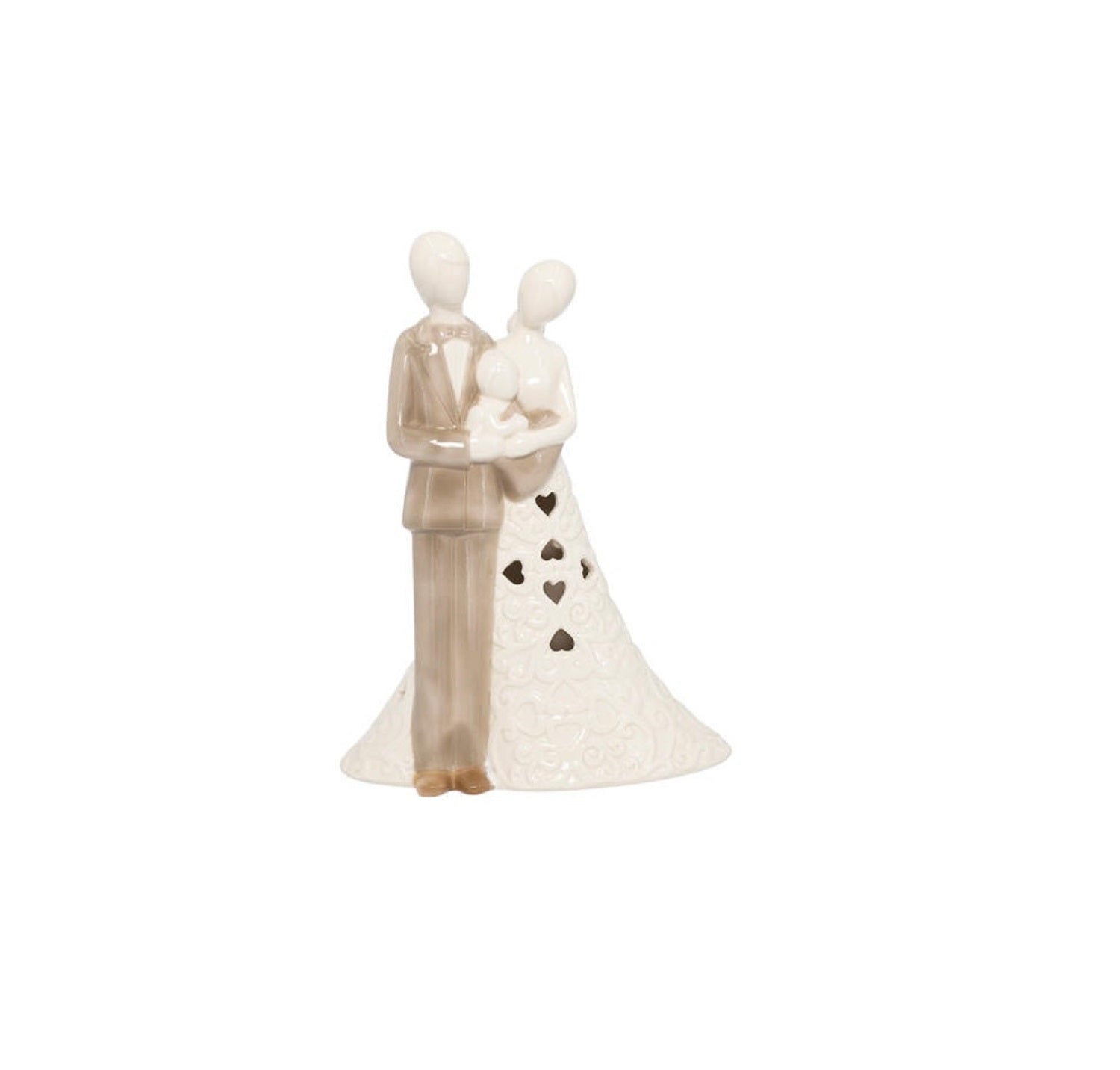 Bomboniera matrimonio con led sacra famiglia in porcellana bianco e tortora harmony S2494P
