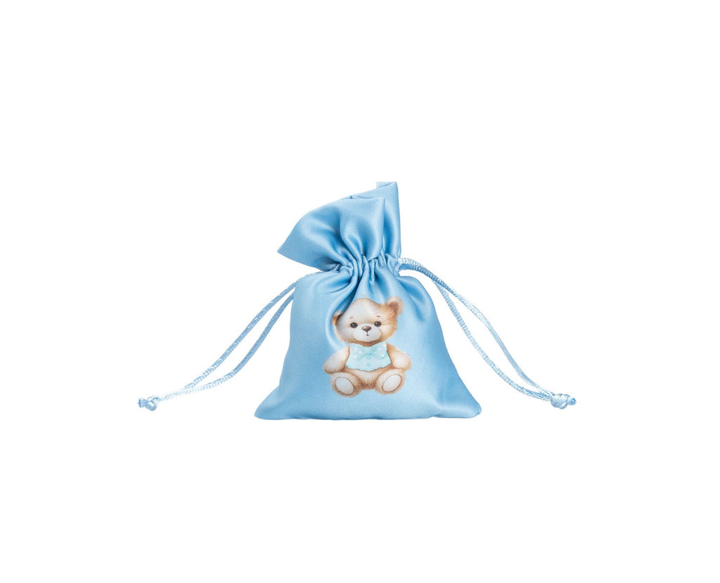 Set sacchetto celeste porta confetti da 5 pz con orsetto bomboniera per nascita, battesimo, Harmony S3195A