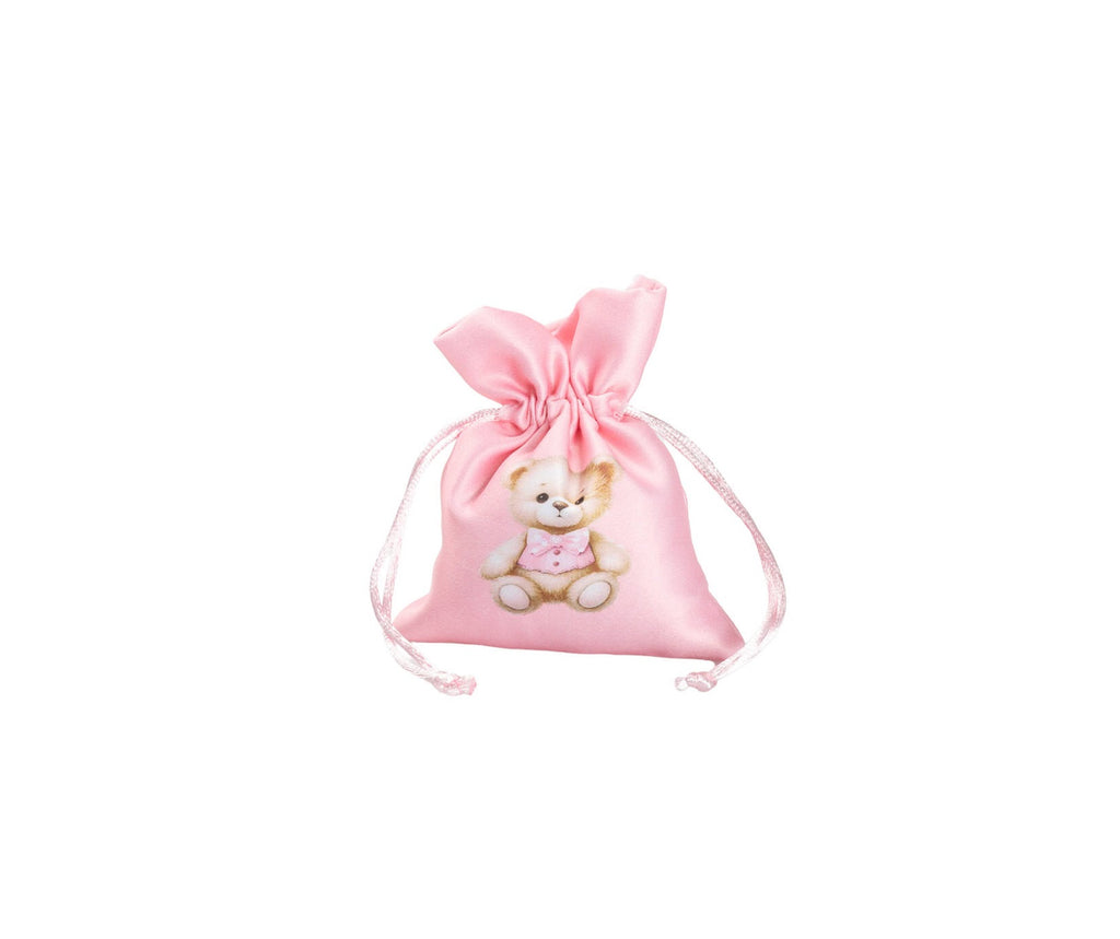 Set sacchettino rosa porta confetti da 5 pz con orsetto bomboniera per nascita, battesimo, Harmony S3196A