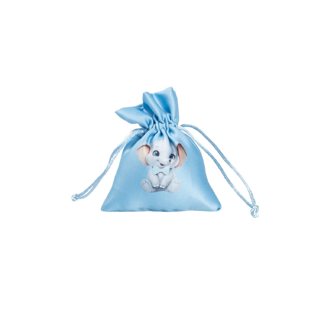 Set sacchetto celeste porta confetti da 5 pz con elefante bomboniera per nascita, battesimo, Harmony S3197A