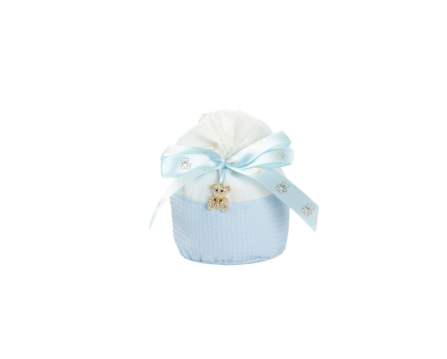 Set sacchetto bicolor porta confetti da 5 pz con orsetto bomboniera per nascita, battesimo, Harmony S3211A