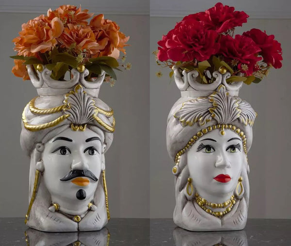 Coppia teste di moro vasi in ceramica siciliana realizzati e decorati a mano art. S TIME