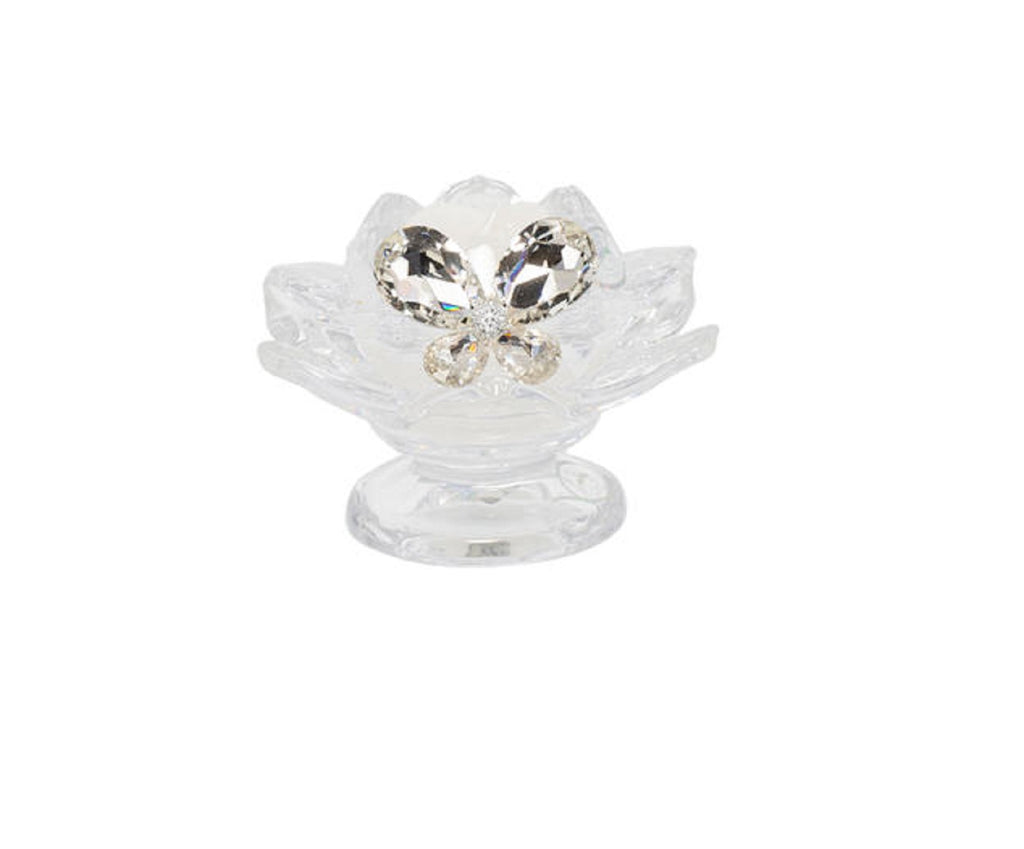 Bomboniera matrimonio portacandela fiore di loto in vetro con decorazione farfalla in cristallo harmony SNVT23267