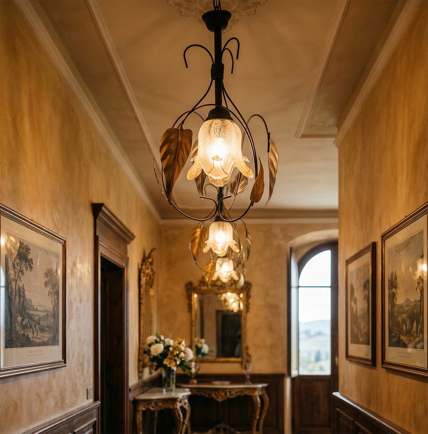 Lampadario a Sospensione ingresso 1 Luce in ferro battuto e vetro, per Cucina, Bagno, Camera, Soggiorno, Scala, Corridoio art. lisa