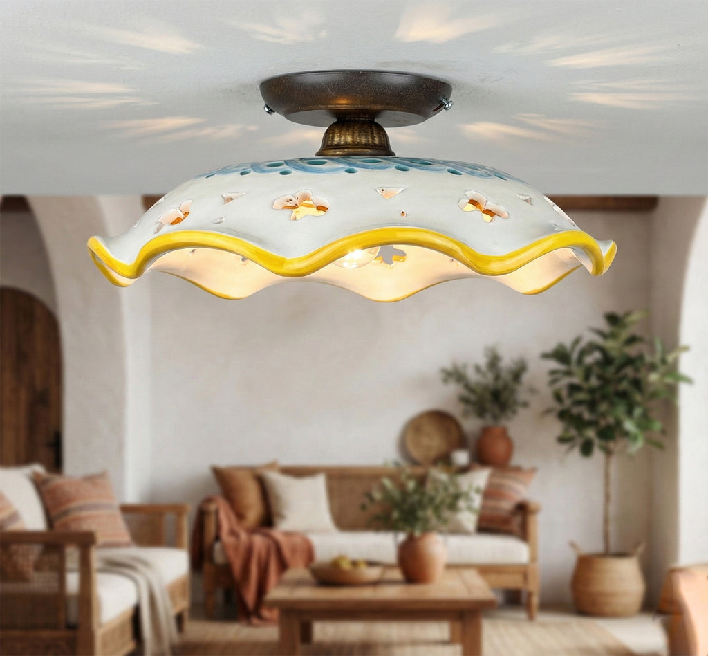 Plafoniera Spot da Soffitto, 1 Luce, Ferro Battuto e Ceramica Siciliana, Cucina, Bagno e Veranda art. gomes