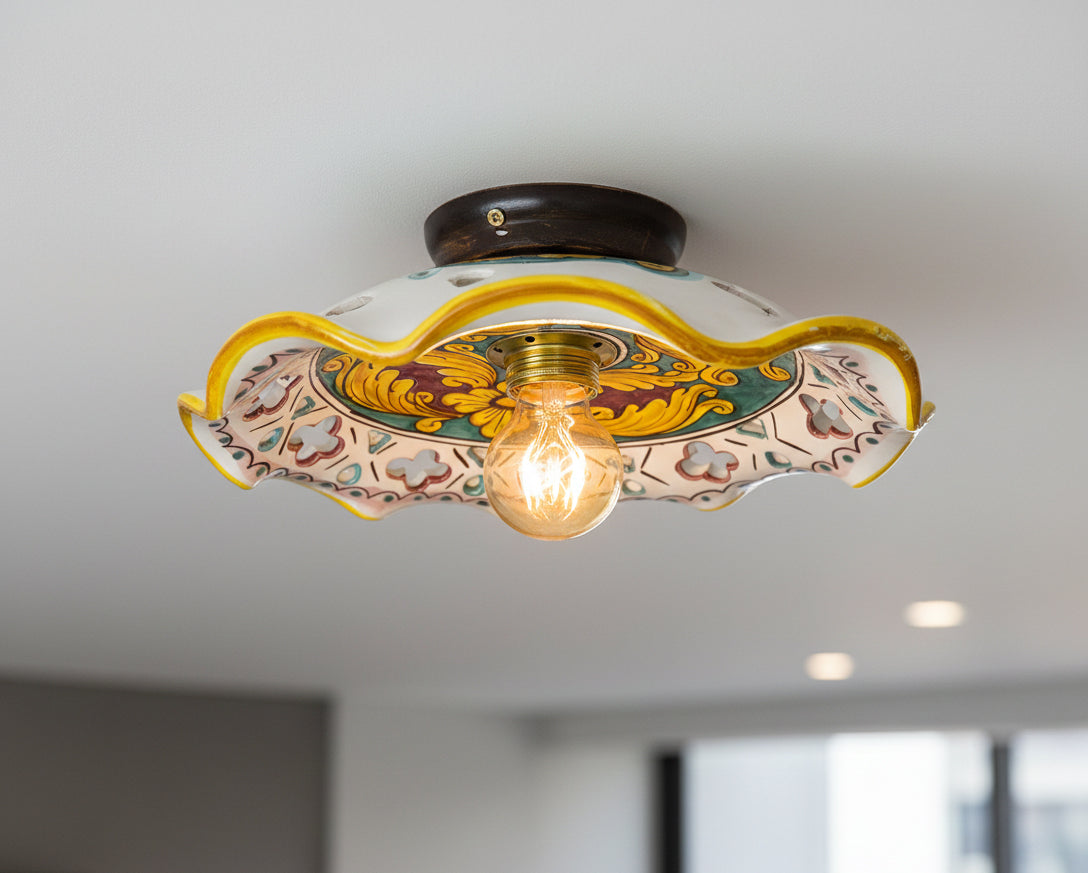 Plafoniera Spot da Soffitto, 1 Luce, Ferro Battuto e Ceramica Siciliana, Cucina, Bagno e Veranda art. giulia