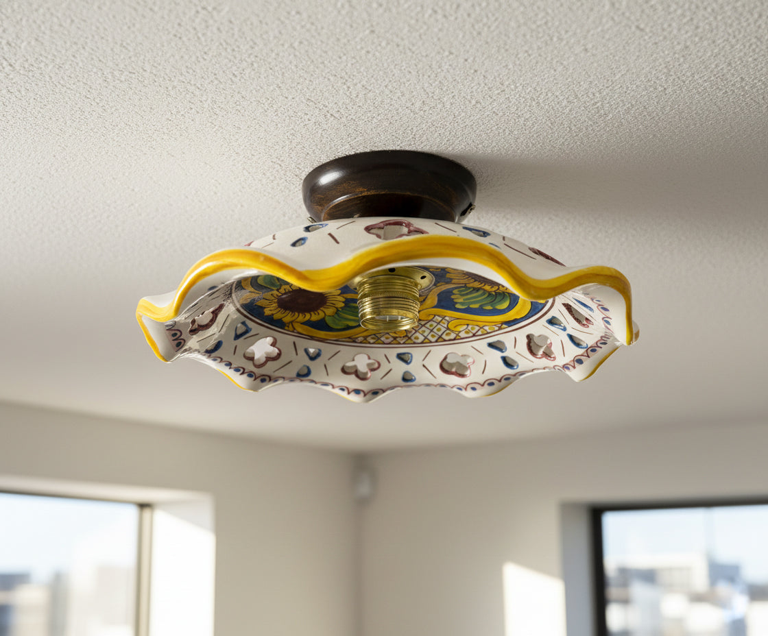 Plafoniera Spot da Soffitto, 1 Luce, Ferro Battuto e Ceramica Siciliana, Cucina, Bagno e Veranda art. candida