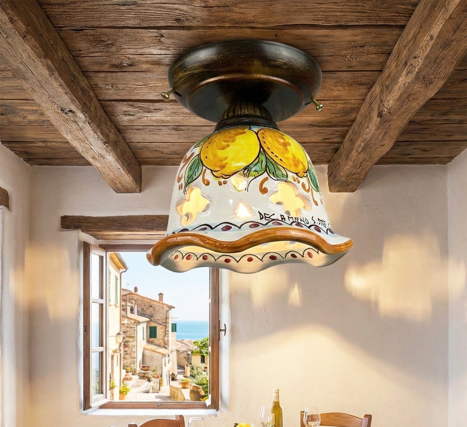 Plafoniera Spot da Soffitto, 1 Luce, Ferro Battuto e Ceramica Siciliana, Cucina, Bagno e Veranda D 15 art. limoni