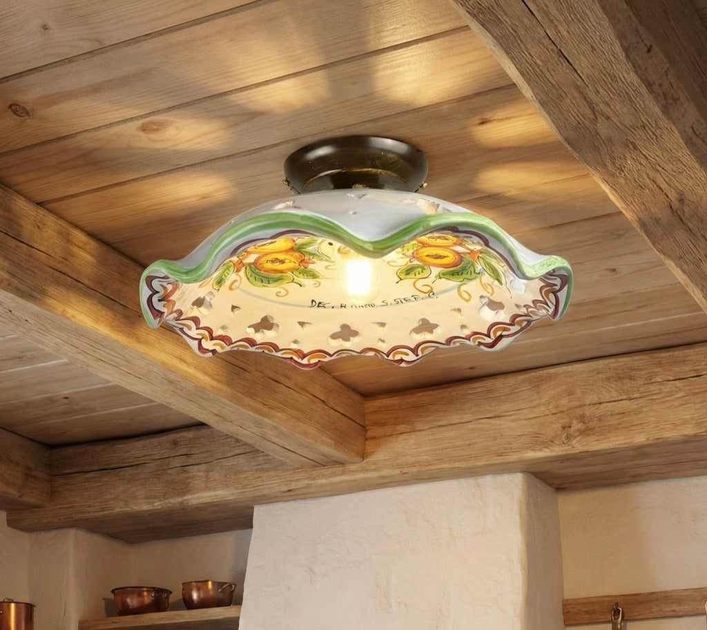 Plafoniera Spot da Soffitto, 1 Luce, Ferro Battuto e Ceramica Siciliana, Cucina, Bagno e Veranda art. melograno