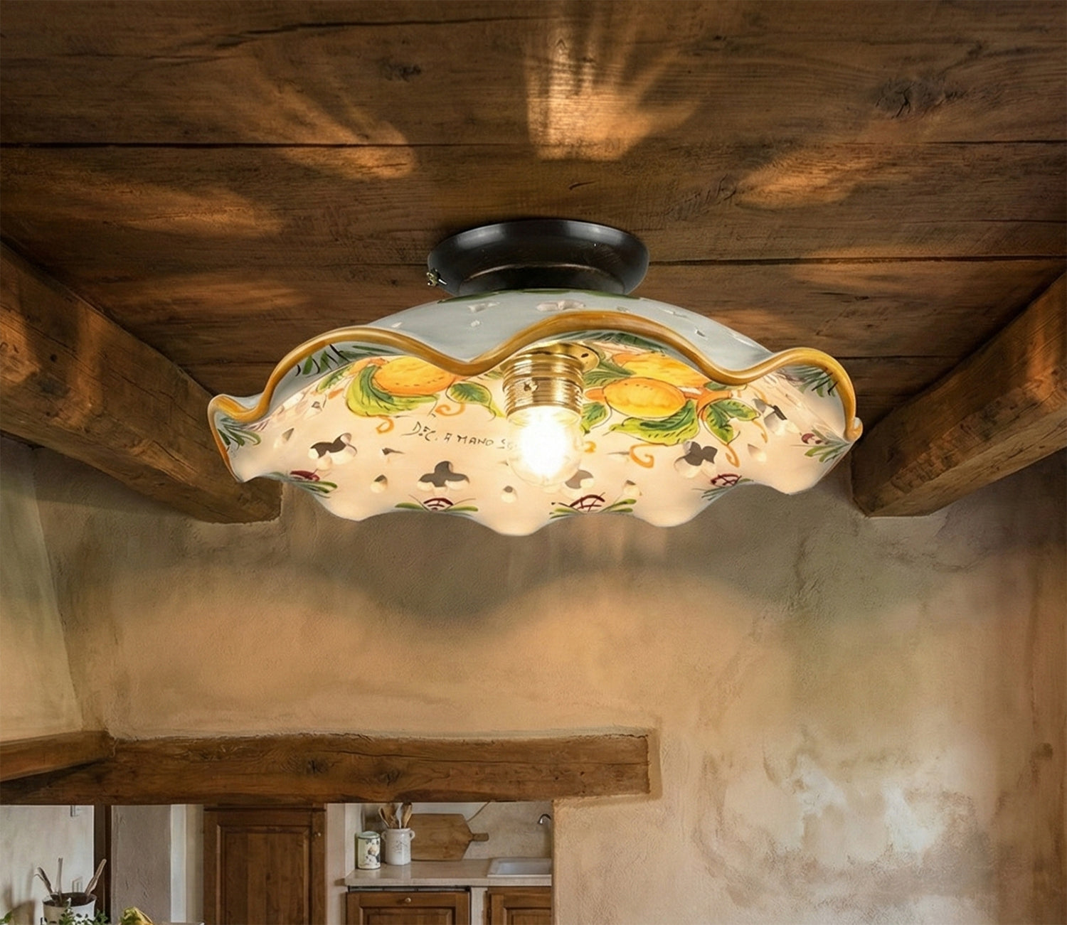 Plafoniera Spot da Soffitto, 1 Luce, Ferro Battuto e Ceramica Siciliana, Cucina, Bagno e Veranda art. limoni