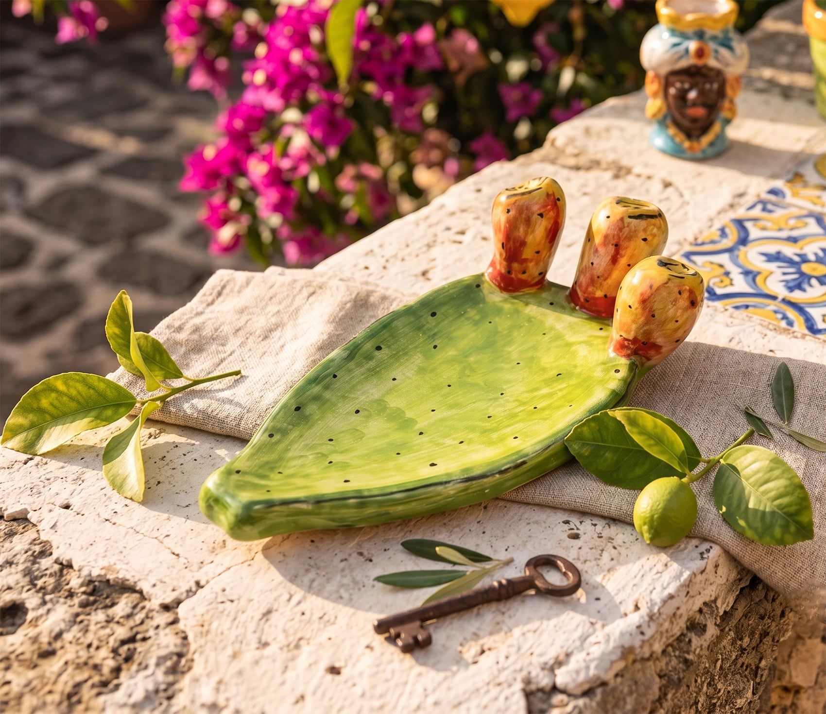 Svuota tasche Pala ficodindia in ceramica siciliana di Caltagirone decorato a mano n 3