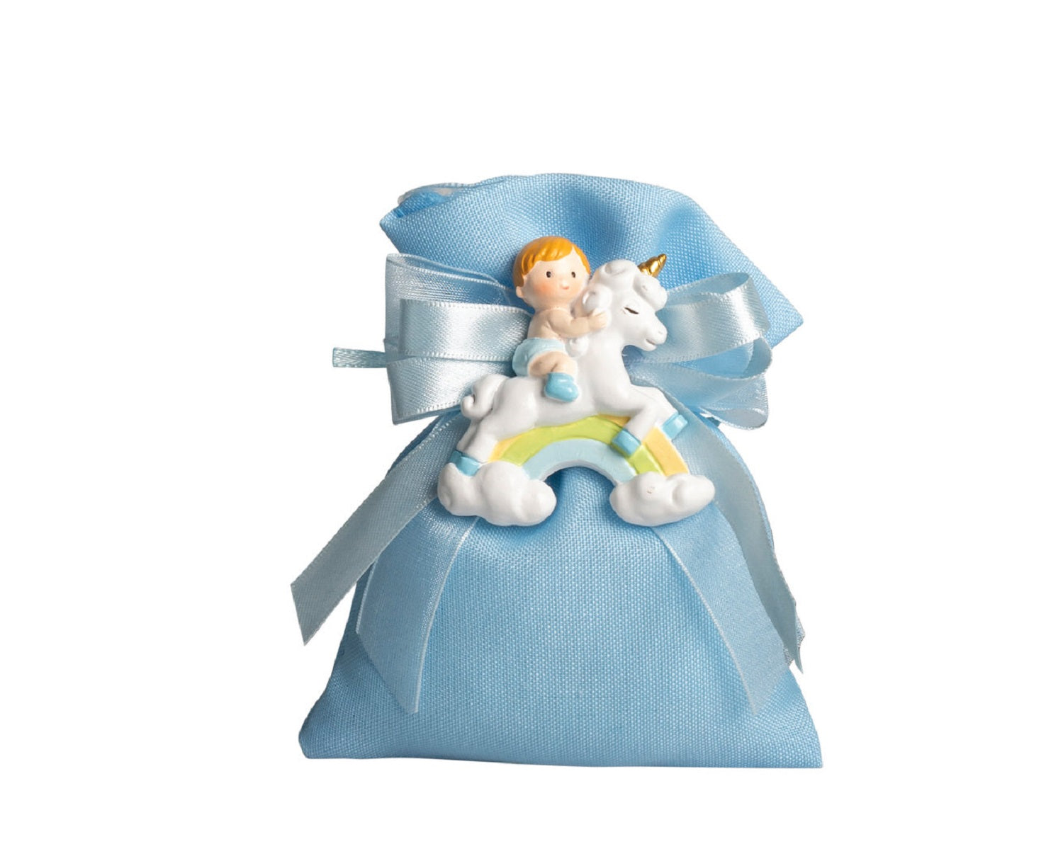 Set sacchetto porta confetti da 5 pz con bimbo e unicorno bomboniera per nascita, battesimo, Harmony STNB25086