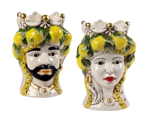 Coppia teste di moro regina e re in ceramica decorata stile siciliano vasi moderni gic (LIMONI H 25 CM)