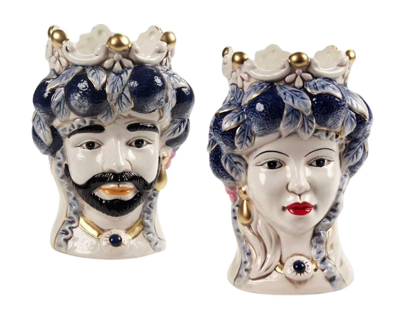 Coppia teste di moro regina e re in ceramica decorata stile siciliano vasi moderni gic (FOGLIE H 25 CM)