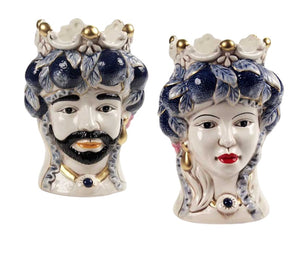 Coppia teste di moro regina e re in ceramica decorata stile siciliano vasi moderni gic (FOGLIE H 25 CM)