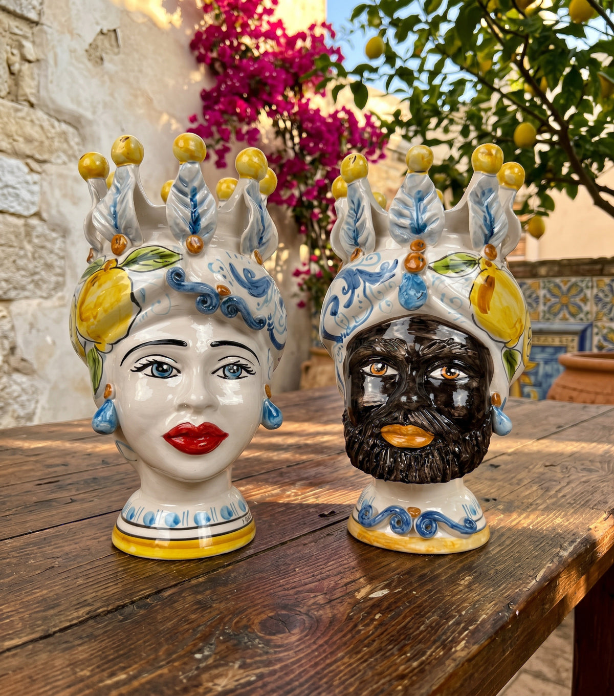 Pair of Sicilian ceramic Moor's Heads from Caltagirone hand-painted in the Amalfi style