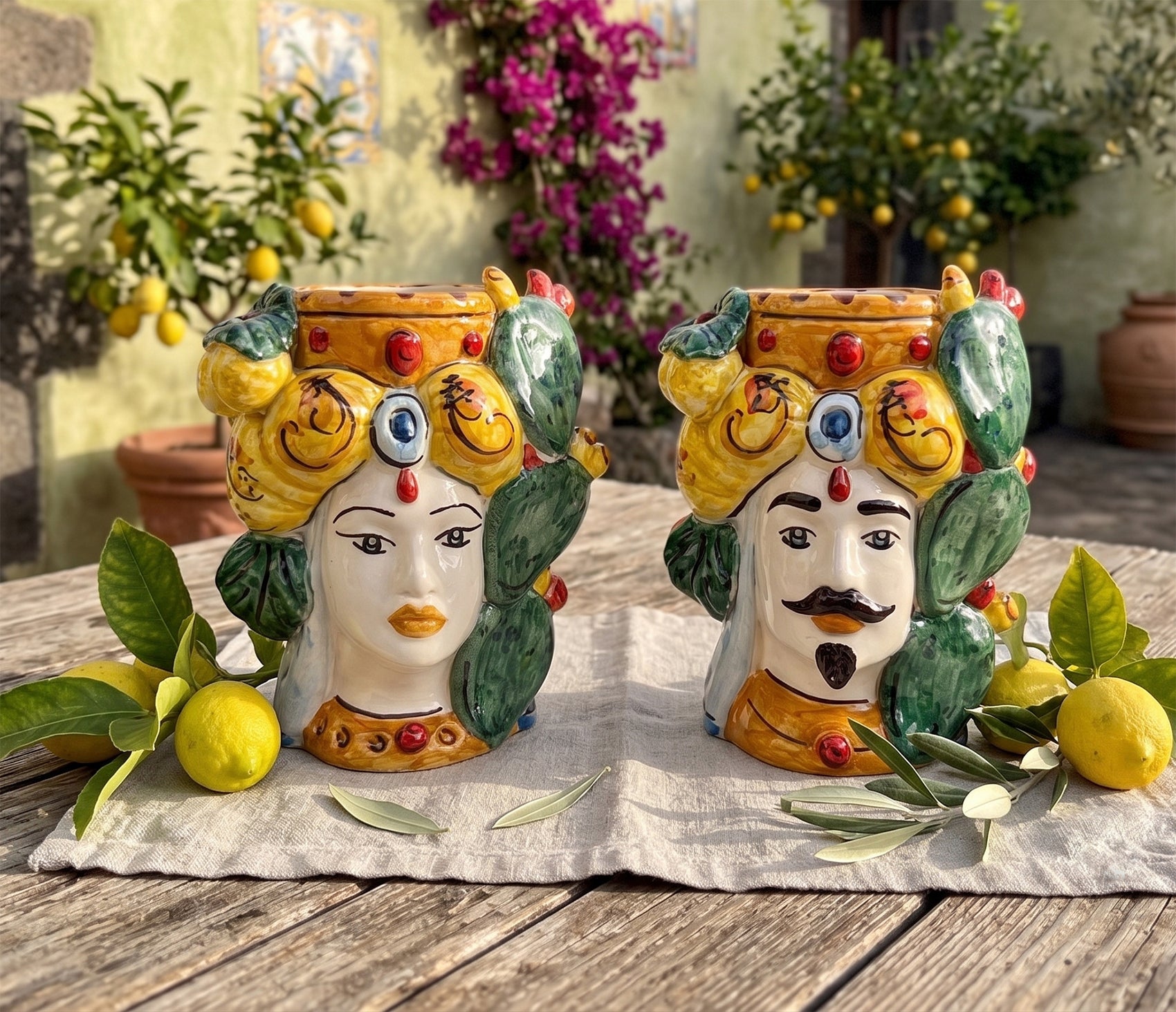Coppia Teste di Moro in Ceramica Siciliana di Caltagirone H 15 Ficodindia Limone