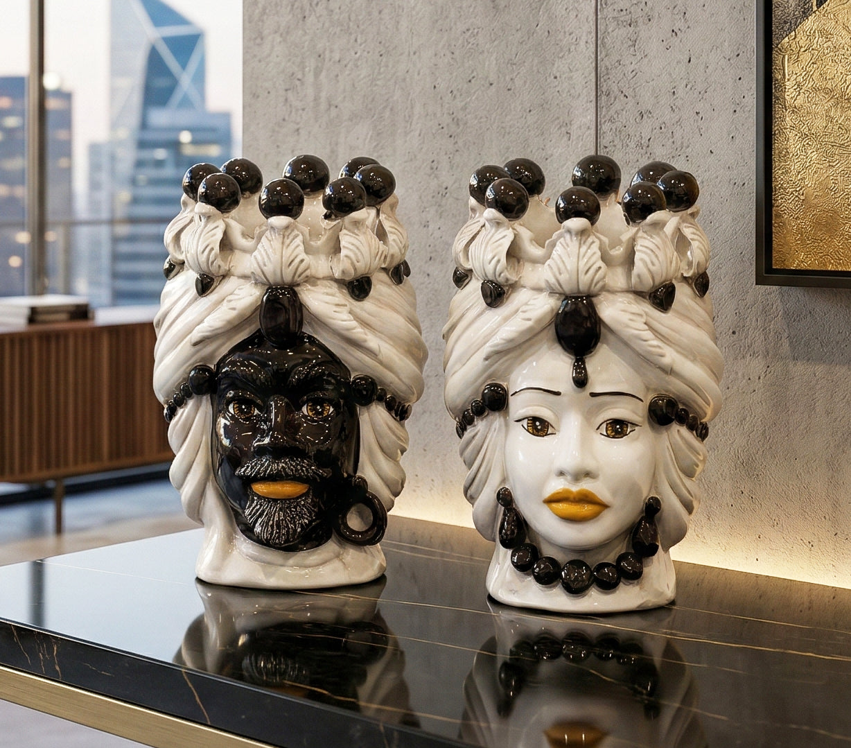Pair of Sicilian ceramic Moor's heads from Caltagirone h30cm art. grape 