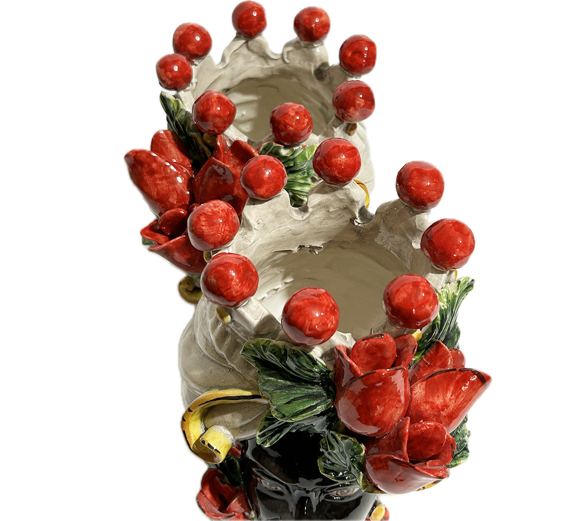 Coppia teste di moro in ceramica siciliana di Caltagirone h 20 cm art. tulipani rossi