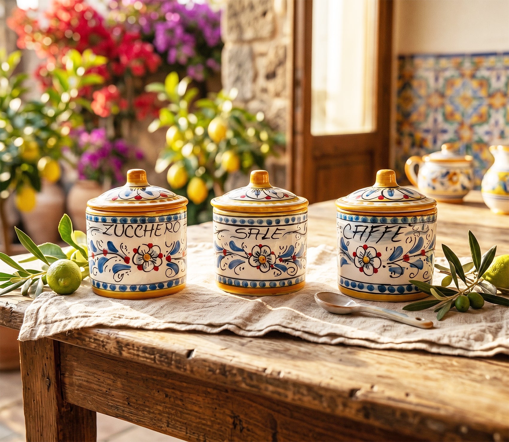 Tris 3 barattoli in ceramica siciliana di Caltagirone decorati a mano fiore