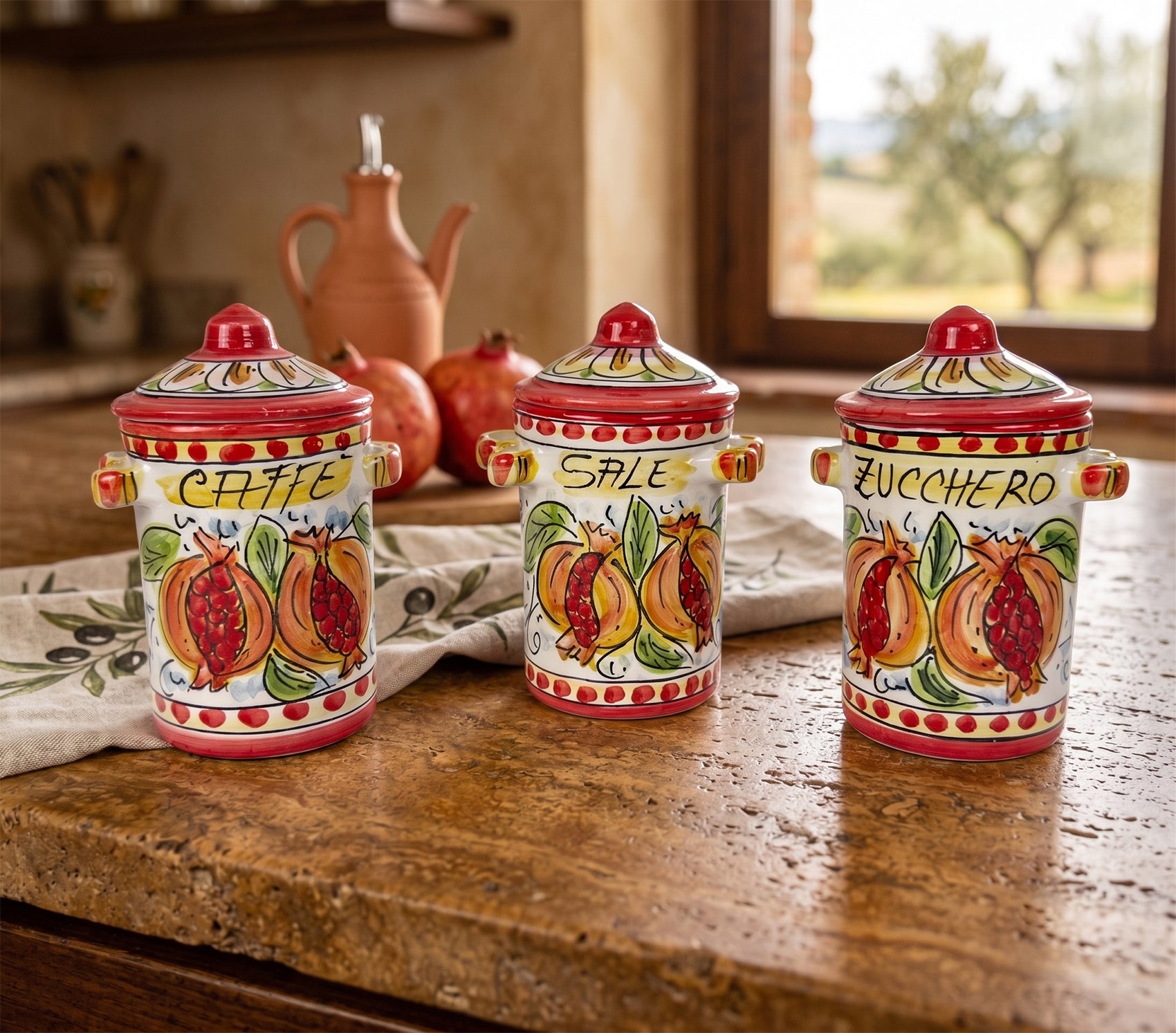 Tris 3 barattoli in ceramica siciliana di Caltagirone decorati a mano melograno