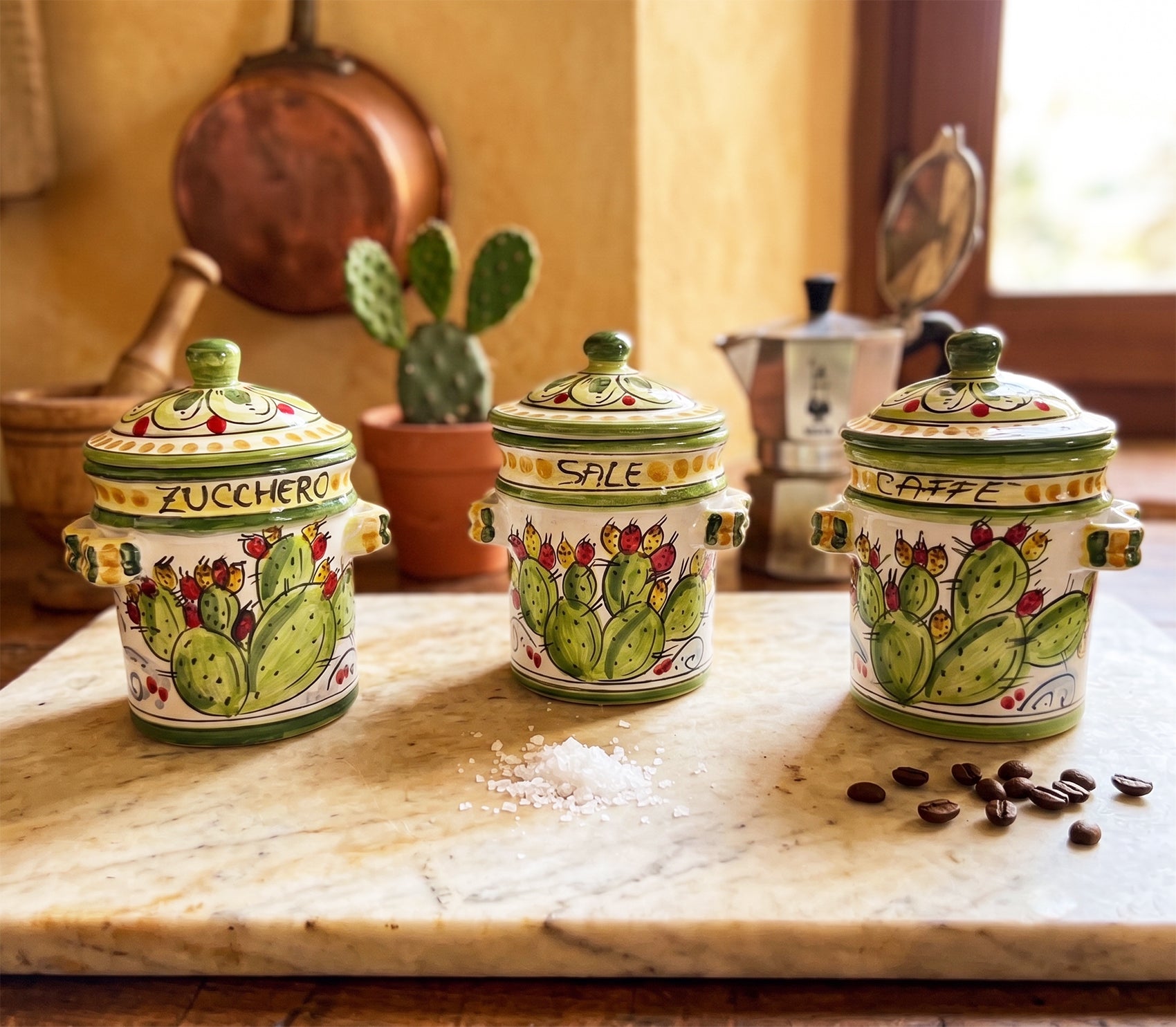 Tris 3 barattoli in ceramica siciliana di Caltagirone decorati a mano ficodindia