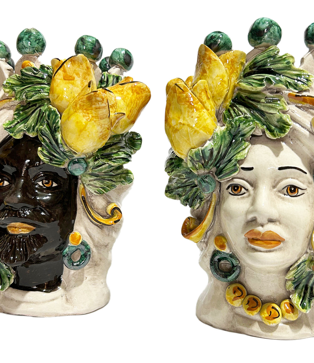Pair of Sicilian ceramic Moor's heads from Caltagirone h 20 cm art. yellow tulips 