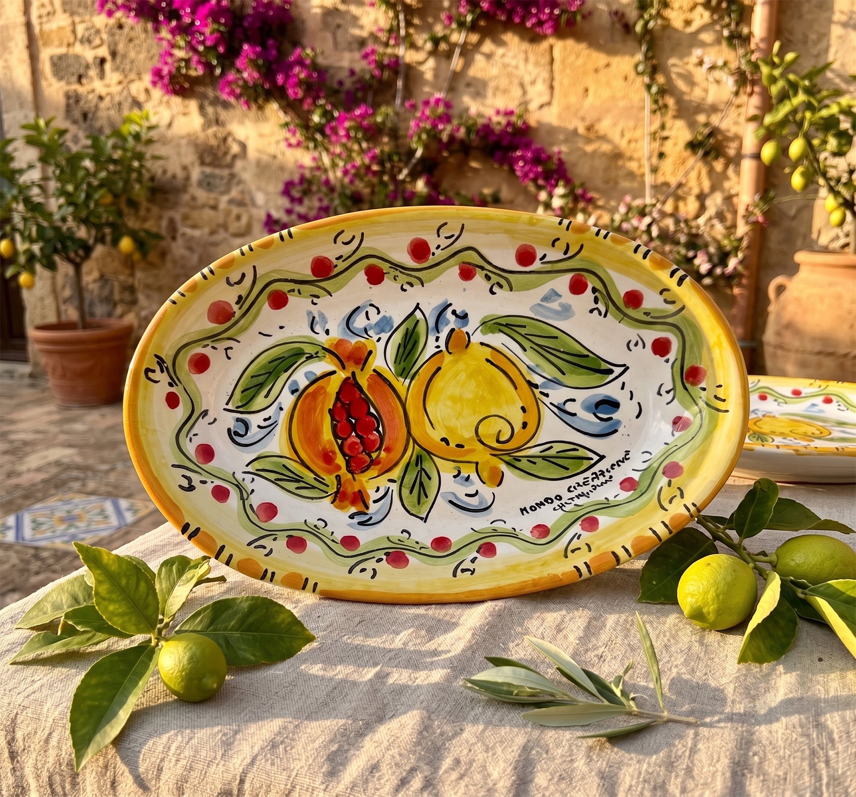 Vassoio in ceramica siciliana di Caltagirone decorato a mano melograno limone