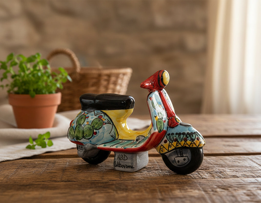 Vespa grande in ceramica siciliana di caltagirone realizzata e decorata a mano