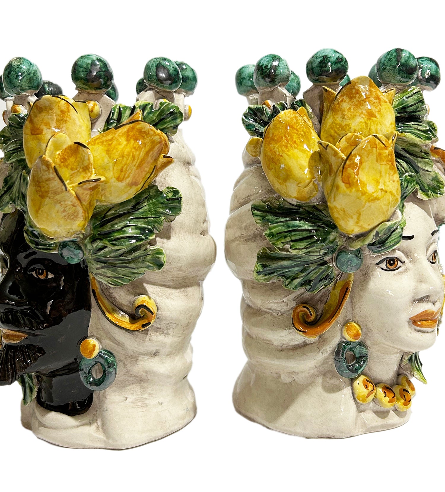 Pair of Sicilian ceramic Moor's heads from Caltagirone h 20 cm art. yellow tulips 