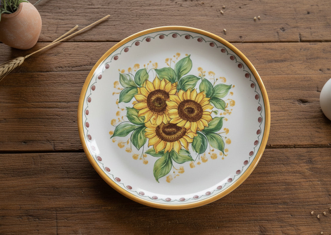 Piatto grande in ceramica decorata a mano da ceramisti siciliani girasole art 12