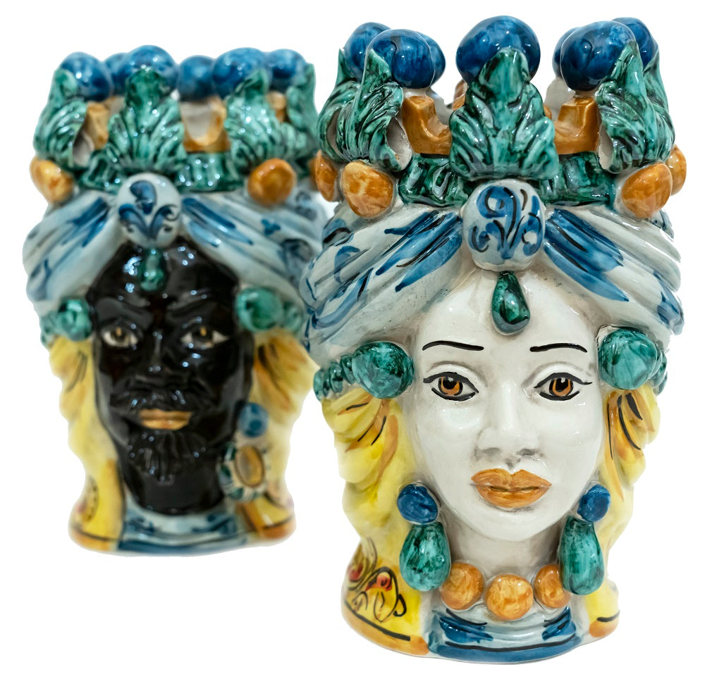 Coppia teste di moro in ceramica siciliana di Caltagirone h20cm art. blu siciliano