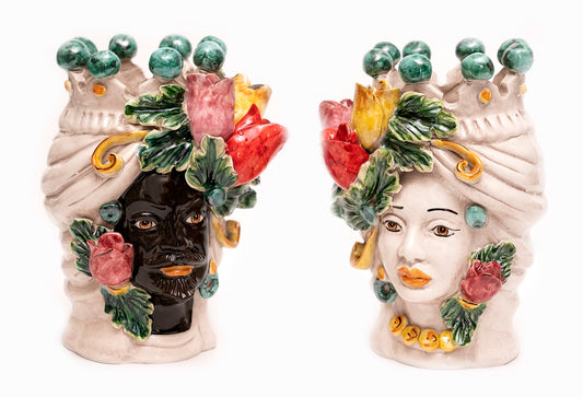 Coppia teste di moro in ceramica siciliana di Caltagirone h20cm art. tulipani colorati
