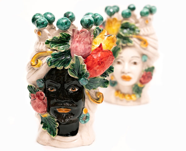 Coppia teste di moro in ceramica siciliana di Caltagirone h20cm art. tulipani colorati