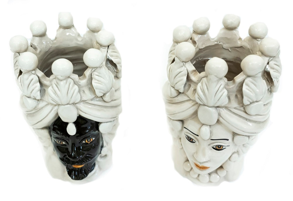 Pair of Sicilian ceramic Moor's heads from Caltagirone h20cm art. fumè 