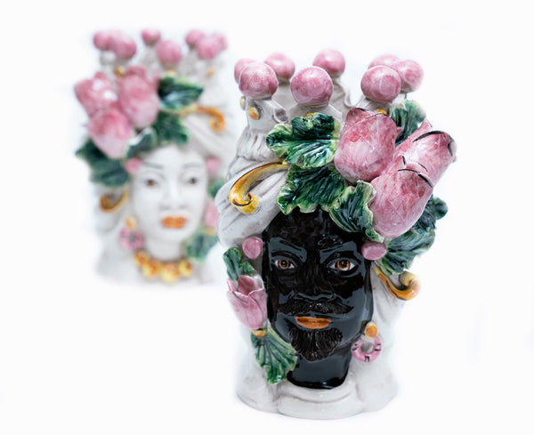 Coppia teste di moro in ceramica siciliana di Caltagirone h20cm art. tulipani rosa