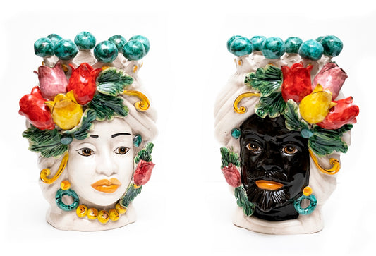 Coppia teste di moro in ceramica siciliana di Caltagirone h30cm art. tulipani colorati