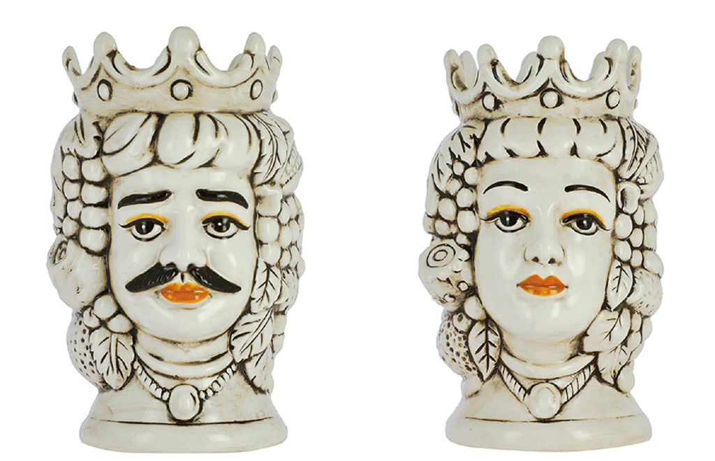 Pair of Moor's heads with smoked fruit in hand-decorated Nicaraguan ceramic art. 813-812