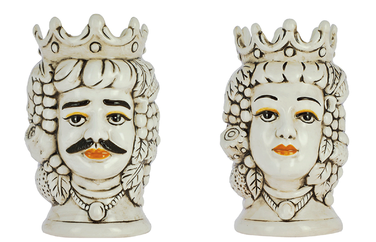 Pair of Moor's heads with smoked fruit in hand-decorated Nicaraguan ceramic art. 813-812