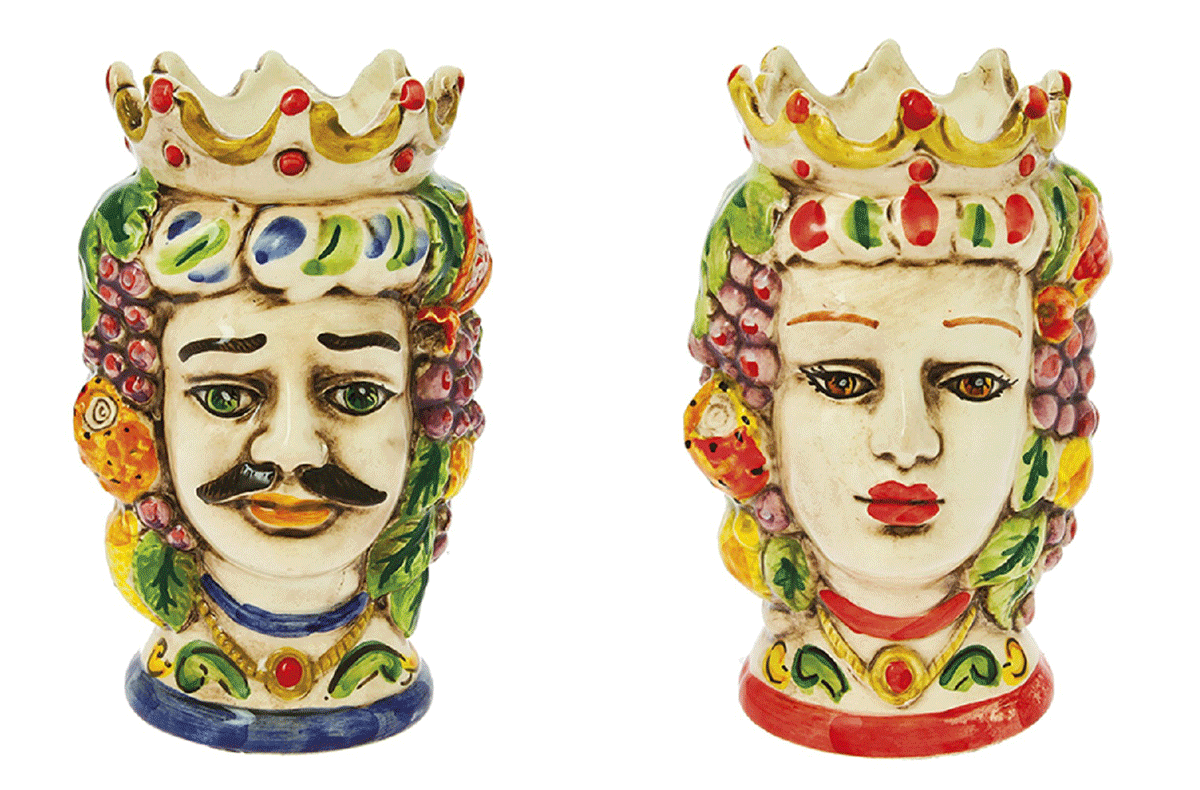 Pair of Moor's heads with colored fruit in hand-decorated Nicaraguan ceramic art. 817-816