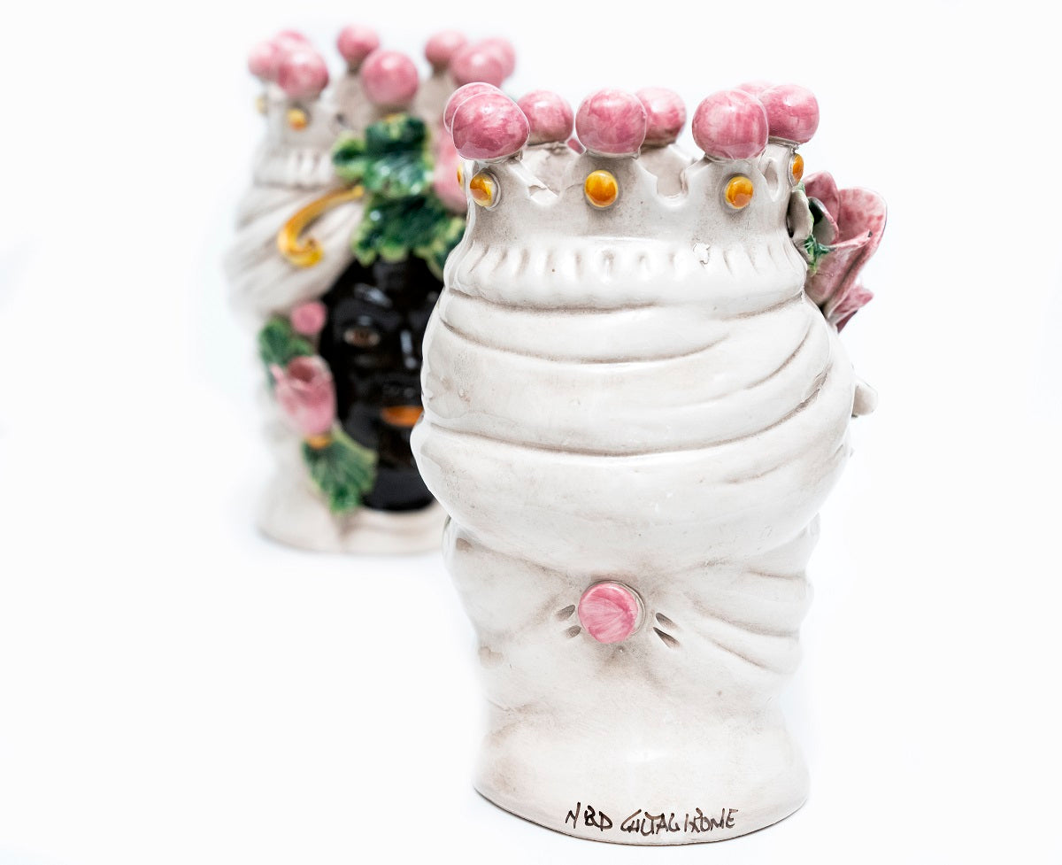 Coppia teste di moro in ceramica siciliana di Caltagirone h20cm art. tulipani rosa