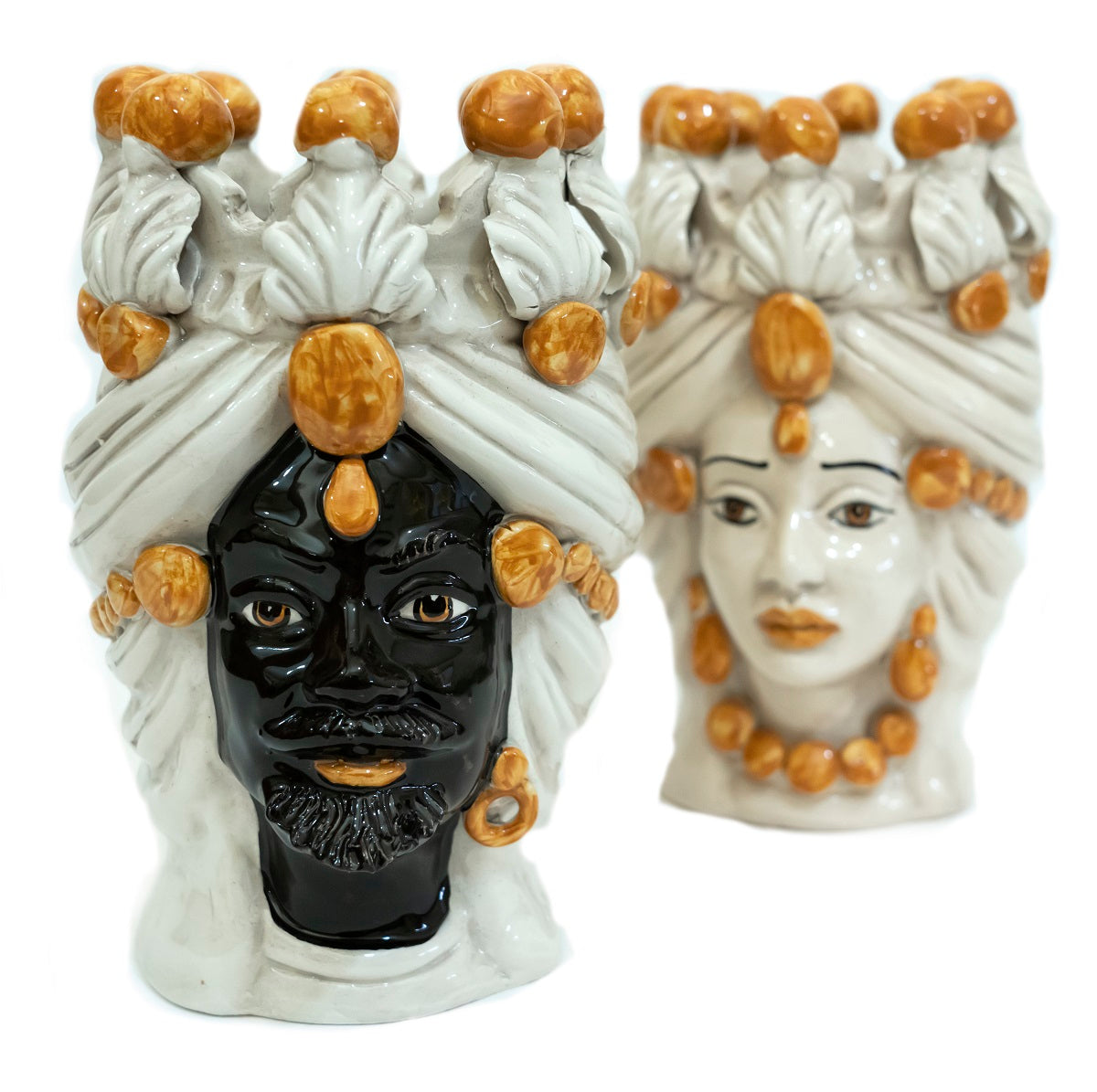 Coppia teste di moro in ceramica siciliana di Caltagirone h20cm art. arancio