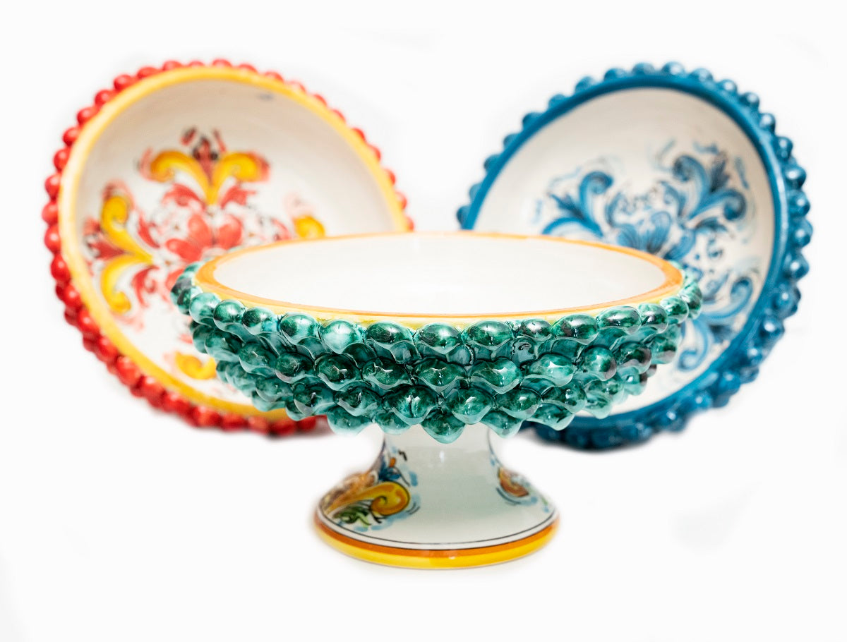 Large half pine cone stand in Sicilian ceramic from Caltagirone, hand-made and decorated, blue 