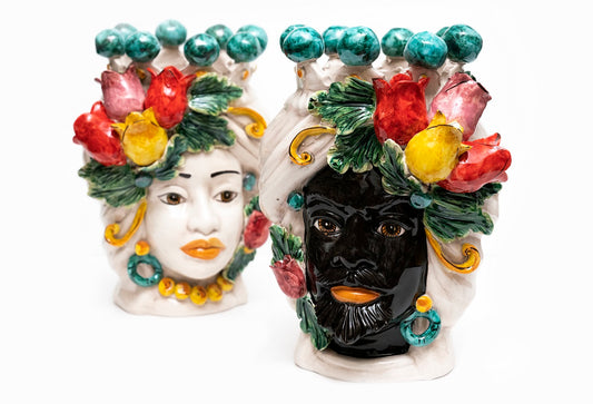 Coppia teste di moro in ceramica siciliana di Caltagirone h30cm art. tulipani colorati