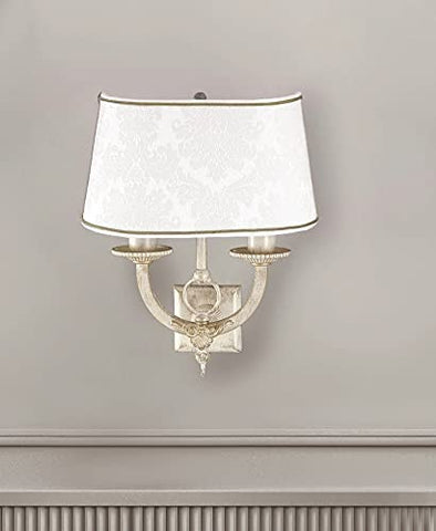 Applique da parete classico a 2 luci in ottone avorio decapato oro con fregi decorativi in fusione di ottone e paralume damascato panna PR 6941/A26