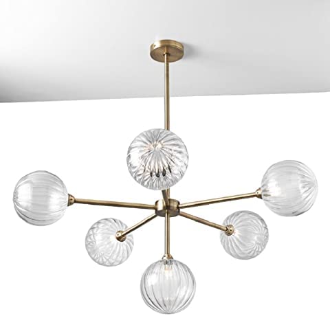 Lampadario classico a 5+1 luci con tubi in ottone bronzo e sfere in vetro rigate PR 7101/5+1