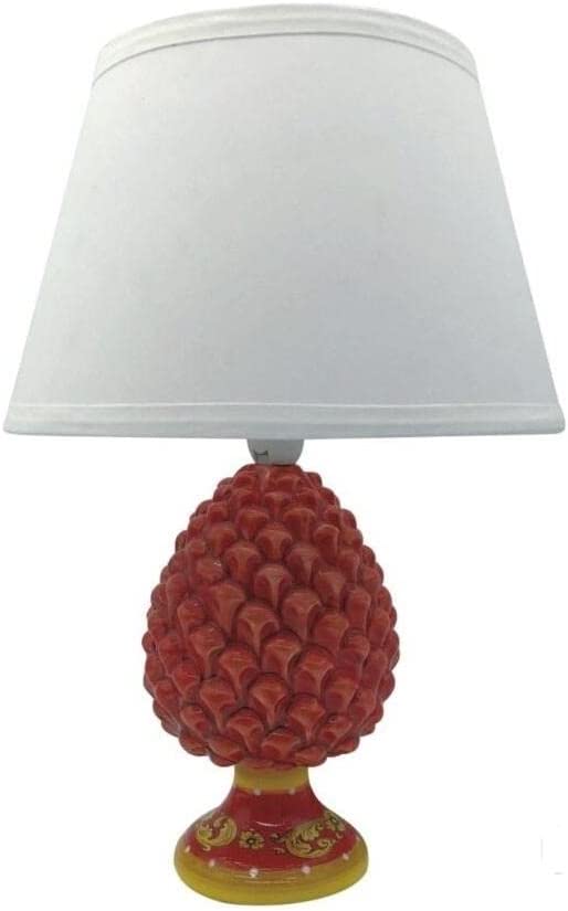 Mondocreazioni Lumetto comodino lampada pigna in ceramica moderno realizzato e decorato a mano fumè verde rosso gdm (Rosso 21013PR)