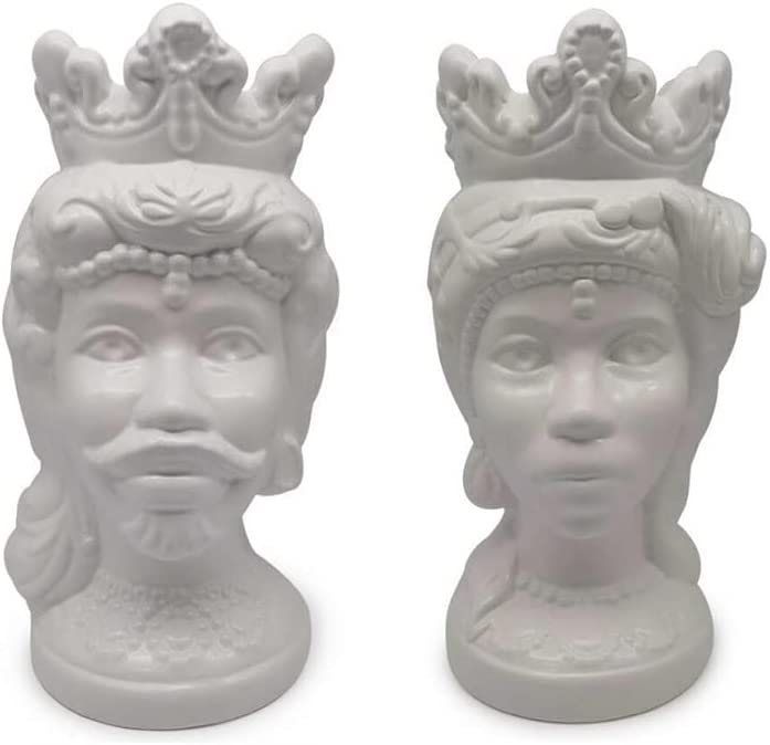 Mondocreazioni Pair of Afro Moorish heads in ceramic hand made modern glossy white gdm art 21003MDW, 21003MUW 