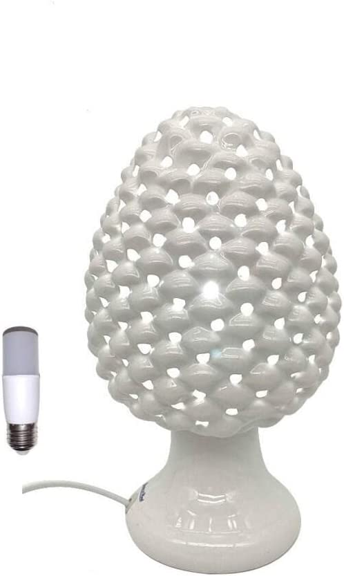 Lampada pigna in ceramica con filo moderna realizzata e decorata a mano fumè bianca gdm (Bianco 21020PW)