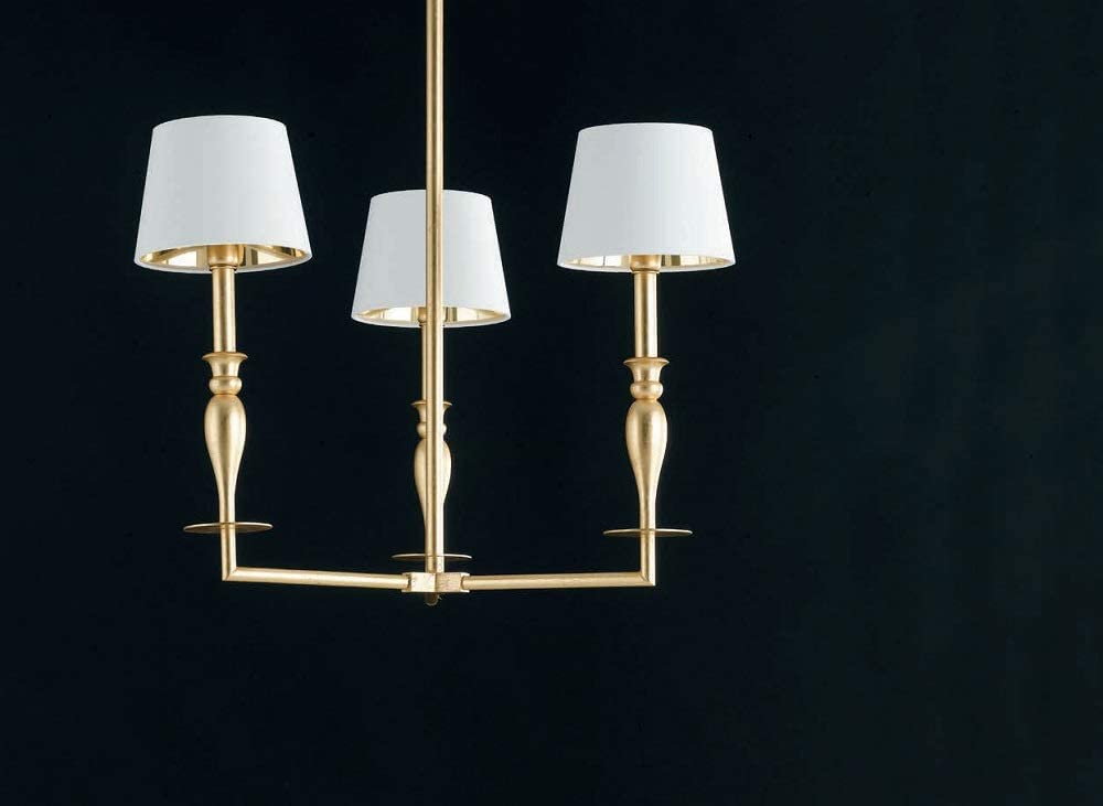 Lampadario moderno a 3 luci in metallo e particolari in fusioni di ottone foglia oro con paralumi in tessuto bianco con interni laminati oro PR 7013/3